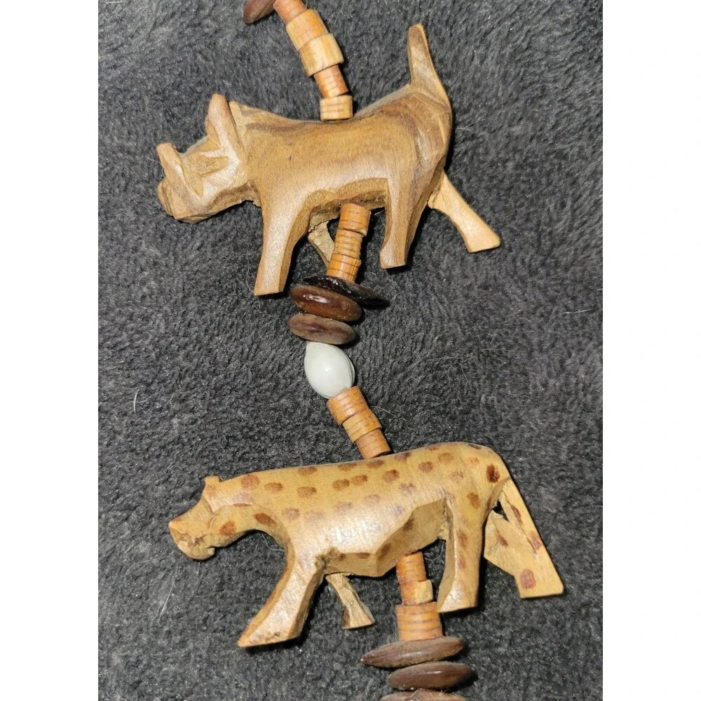 Vintage Hand Carved Wood African Safari Animal Jewelry Set Necklace & 3 Bangles
